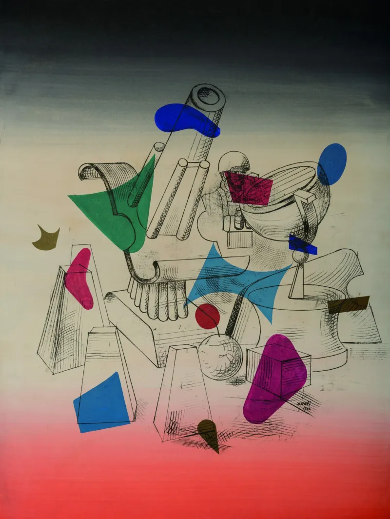 Xanti Schawinsky, ‘Camouflaged Outpost’, 1942. Watercolor, tempera and colored pencil on paper. 73 x 53,5 cm