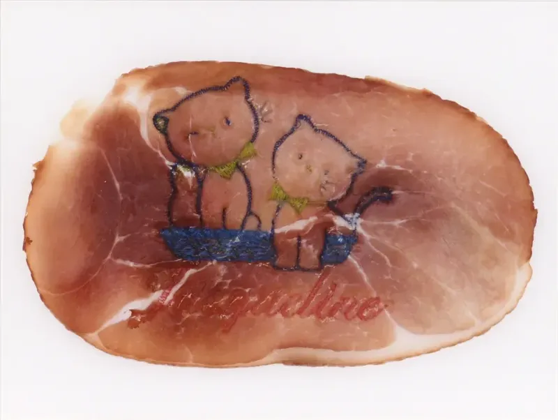 Wim Delvoye, Embroidered ham (Jacqueline) (1999), Cibachrome print on plexi, 40 x 30 cm